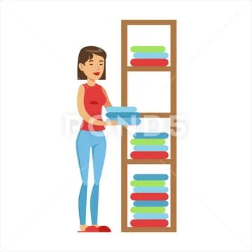 Woman Housewife Ranging Clean Clothes On Shelves, Classic Household Duty Of Stock Illustration