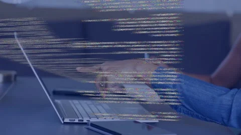 Woman hovering toward laptop, tapping and pointing, showing glitching code Stock Footage 333602638