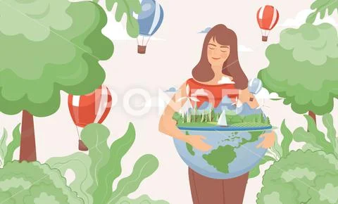 Woman hugging earth planet globe vector flat illustration. Earth day, world Stock Illustration