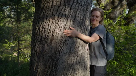 Woman Hugging Tree in Forest with Backpack Stock Footage 307068621
