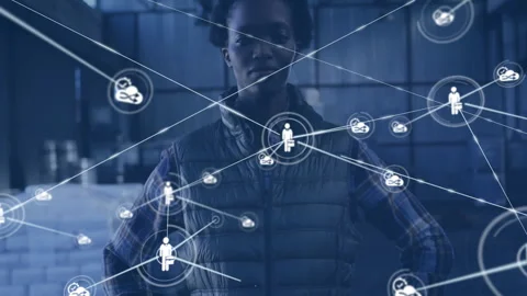 Woman initiating technology network mapping upon person icon appearance with Stock Footage 312082192