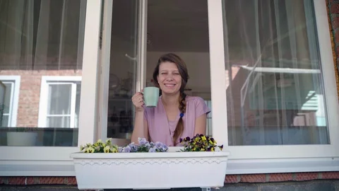 Woman Inside Her Home Window Apartments Isolation Stock-Footage 128604644