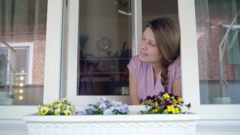 Woman Inside Her Home Window Apartments Isolation 스톡 동영상 128835233