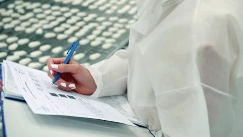 Woman inspecting documents at candy conveyor belt in factory Stock Footage 340605169
