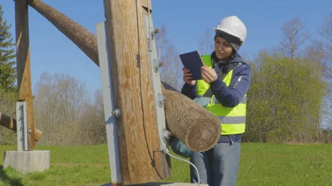 Woman inspector is using tablet PC near wooden poles with grounding Stock Footage 333503064