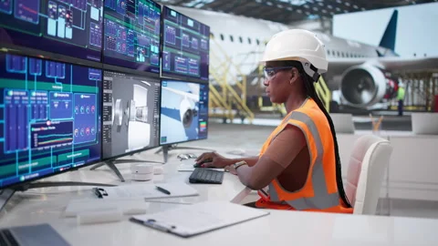 Woman Inspects Jet Engine On Using Computer Stock Footage 337228035
