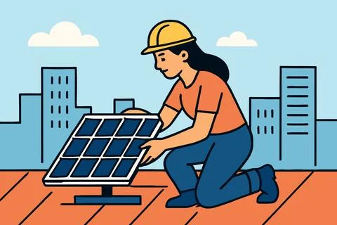 Woman installing solar panel on rooftop with city skyline background Stock Illustration