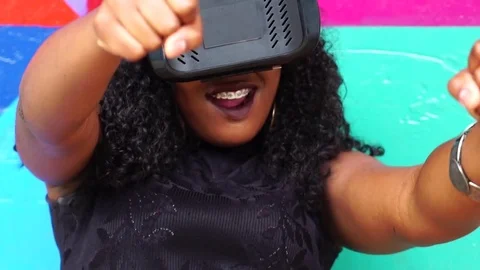 Woman interact VR headset Video stock 82625942
