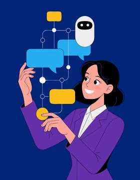 A woman interacting with a chatbot interface on a blue background Stockillustratie
