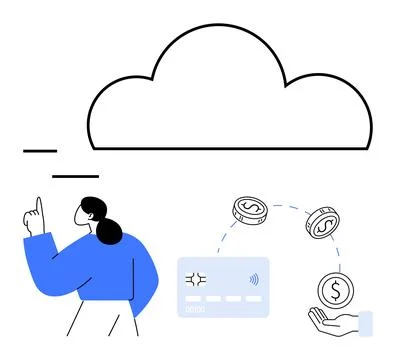 Woman Interacting with Cloud Computing Service for Digital Transactions and.. Stock Illustration