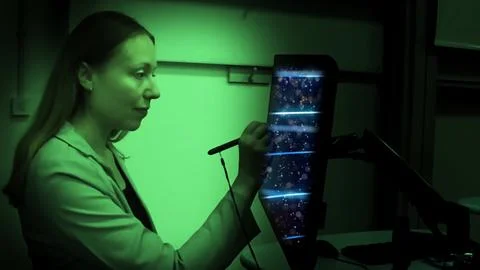 A woman interacting with computer system Foto stock
