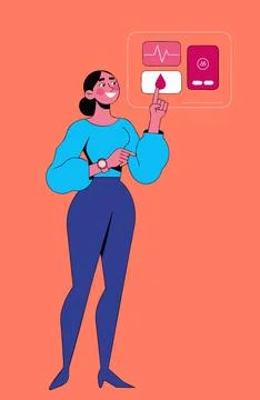 Woman interacting with digital interface on pink background with icons Stockillustratie