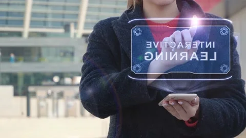 Woman interacts HUD Interactive Learning Stock Footage 146133743
