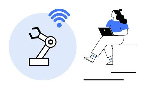 Woman interacts with robotic arm wirelessly via laptop, showcasing modern aut Stock Illustration