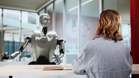 Woman At Interview With AI Robot Stock Footage 309942618