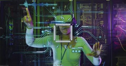 Woman IT tech pointing, confirming via VR, square UI initiating holo interface Stock Footage 333968378