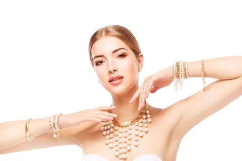 Woman Jewelry, Gold Pearl Jewellery Bracelet Necklace, Fashion Model Beauty Stock Photos