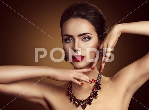 Woman Jewelry, Red Gems Jewelry Necklace and Ring, Fashion Model Beauty Stock Photos