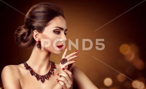 Woman Jewelry, Red Gems Jewelry Necklace Earring Ring, Fashion Model Beauty Stock Photos