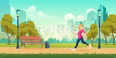 Woman Jogging In City Park Cartoon Vector