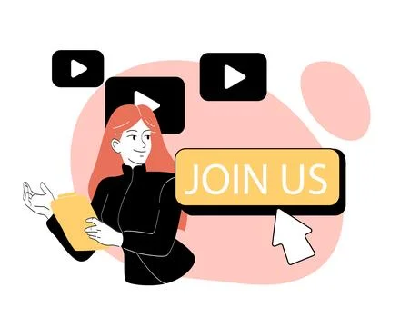 Woman with join us button. Young girl near invite button. Subscribing and Stock Illustration