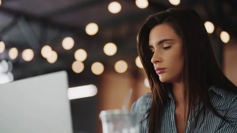 Woman Journalist Or Programmer Working With Laptop In Cafe, Portrait Of Lady Stock Footage 252013614