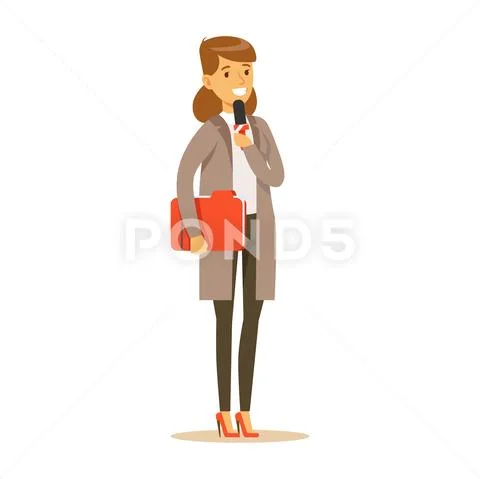 Woman journalist speaks into microphone Stock Illustration