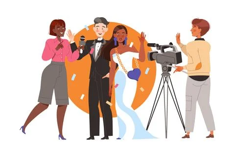 Woman Journalist Taking Interview with Happy Couple Celebrity at Luxurious Event Stock Illustration