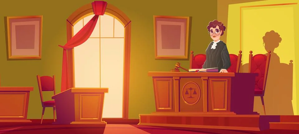 Woman judge in courtroom with hammer and documents Stock Illustration