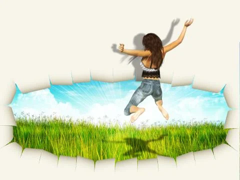 Woman jump out of wall Stock Illustration