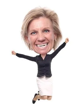 Woman jumping in front of a white background with a big Head Stock Photos