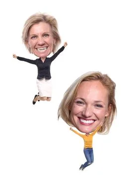Woman jumping in front of a white background with a big Head Stock Photos