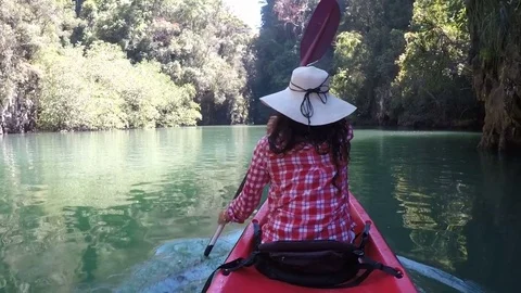 Woman Kayaking In Beautiful Lagoon Action Camera Back Rear Point Of View Of Girl Stock Footage