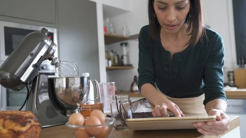 Woman in kitchen preparing cake with pastry robot Stock Footage 87095294