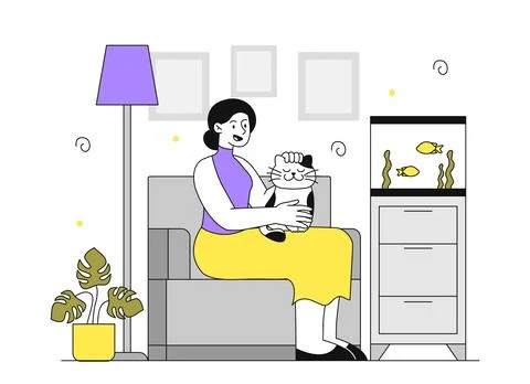 Woman with kitten vector linear Stock Illustration