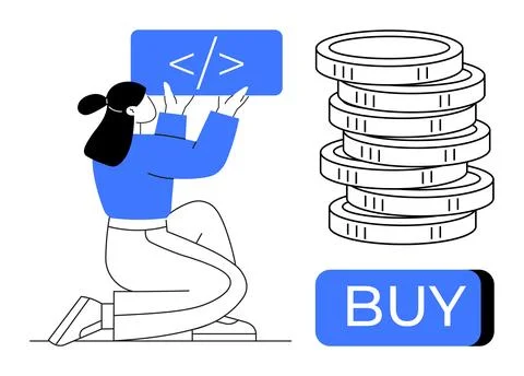 Woman kneeling, holding a code symbol panel, stacks of coins, and a prominent Stockillustratie