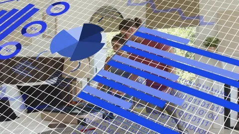 Woman kneeling sorting papers, man leaning in with data pie chart and bars Stock Footage 333413915