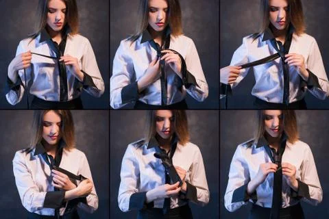 Woman knot tie helpful tutorial photo set process Stock Photos