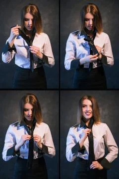 Woman knot tie helpful tutorial photo set process Foto stock
