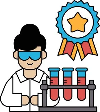 A woman in a lab coat is holding a beaker and a bottle 库存插图