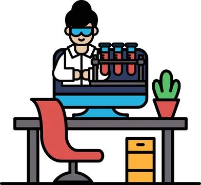 A woman in a lab coat is working on a computer monitor Stock Illustration