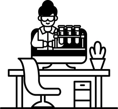 Woman in a lab coat is working on a computer monitor 스톡 일러스트
