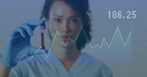 Woman lab tech presenting test tube while animated graph moving and readout Stock Footage 330238277