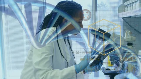 Woman lab tech tapping tablet, initiating DNA and cube overlays while using Stock Footage 334729299