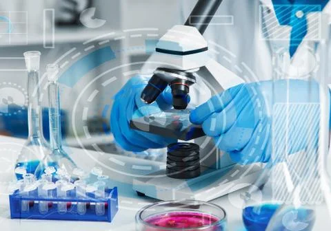 Woman in a laboratory microscope with microscope slide in hand.toned image. Foto stock