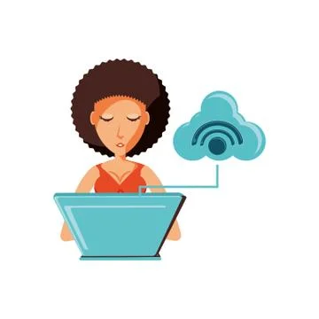 Woman with laptop and cloud computing 스톡 일러스트