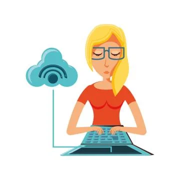 Woman with laptop and cloud computing 스톡 일러스트