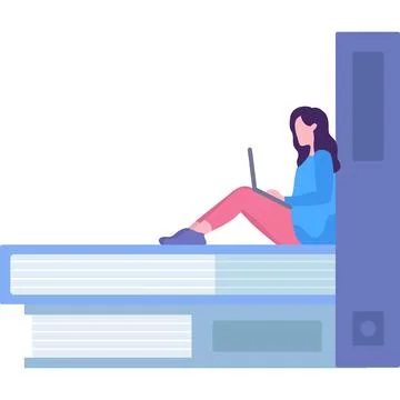 Woman with laptop on book stack vector icon Stock Illustration