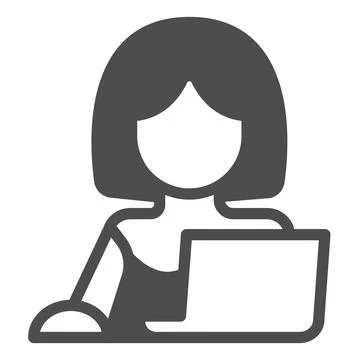 Woman on laptop with mouse, freelancer solid icon, work and study concept 库存插图
