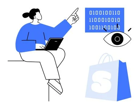 Woman with Laptop Pointing at Binary Code Next to Eye Graphic and Shopping Ba イラスト素材